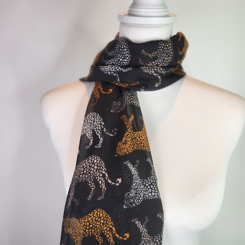 HM Womens Leopard Cheetah Print Scarf Black Tan White Sheer Gauze - Picture 5 of 9